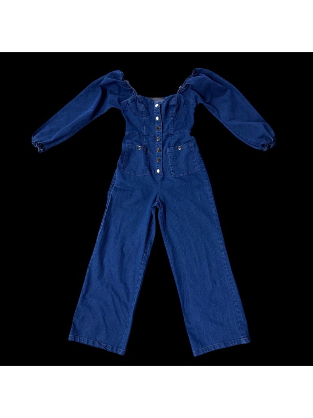 Denim Jumpsuit Puff Long Sleeve Snap Front Blue Jean Romper Pantsuit READ - Picture 2 of 9